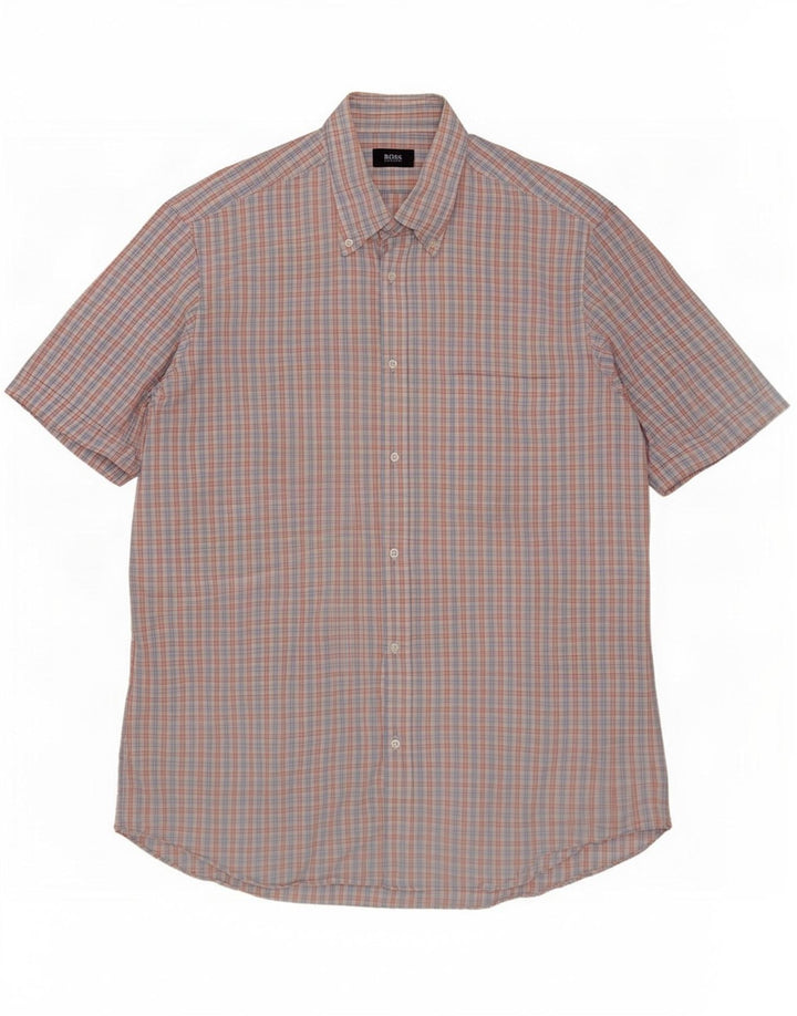 Camisa masculina de manga curta Hugo Boss tamanho 41 16 grande xadrez azul