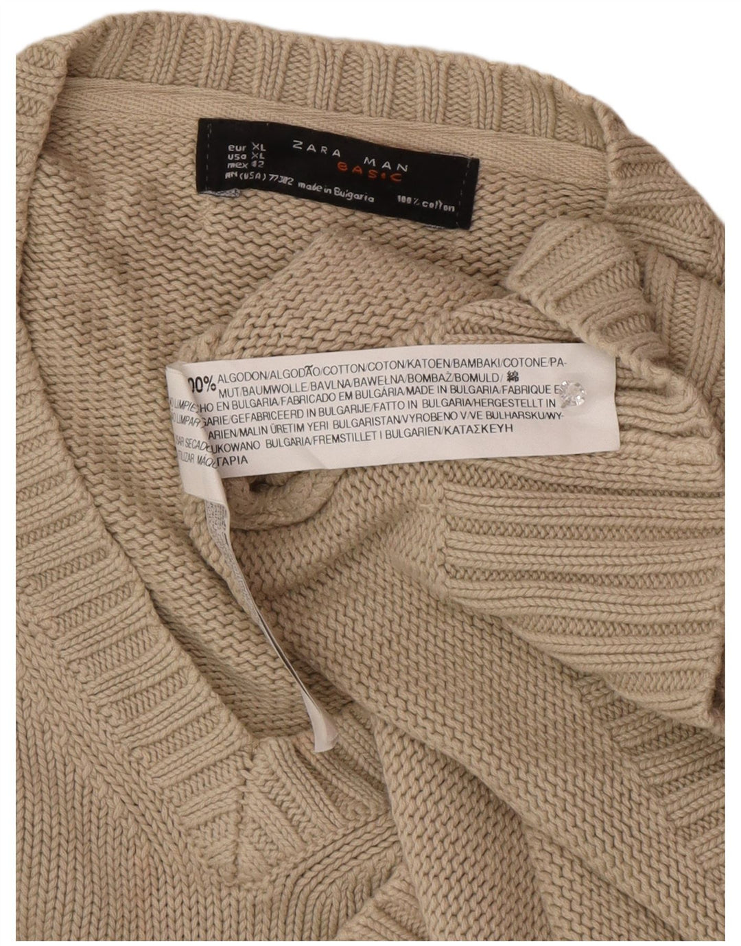 Zara Suéter masculino com decote em V XL algodão bege