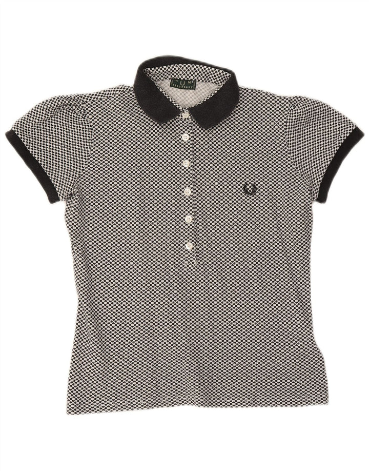 Camisa polo feminina FRED PERRY Reino Unido 12 algodão floral azul marinho médio