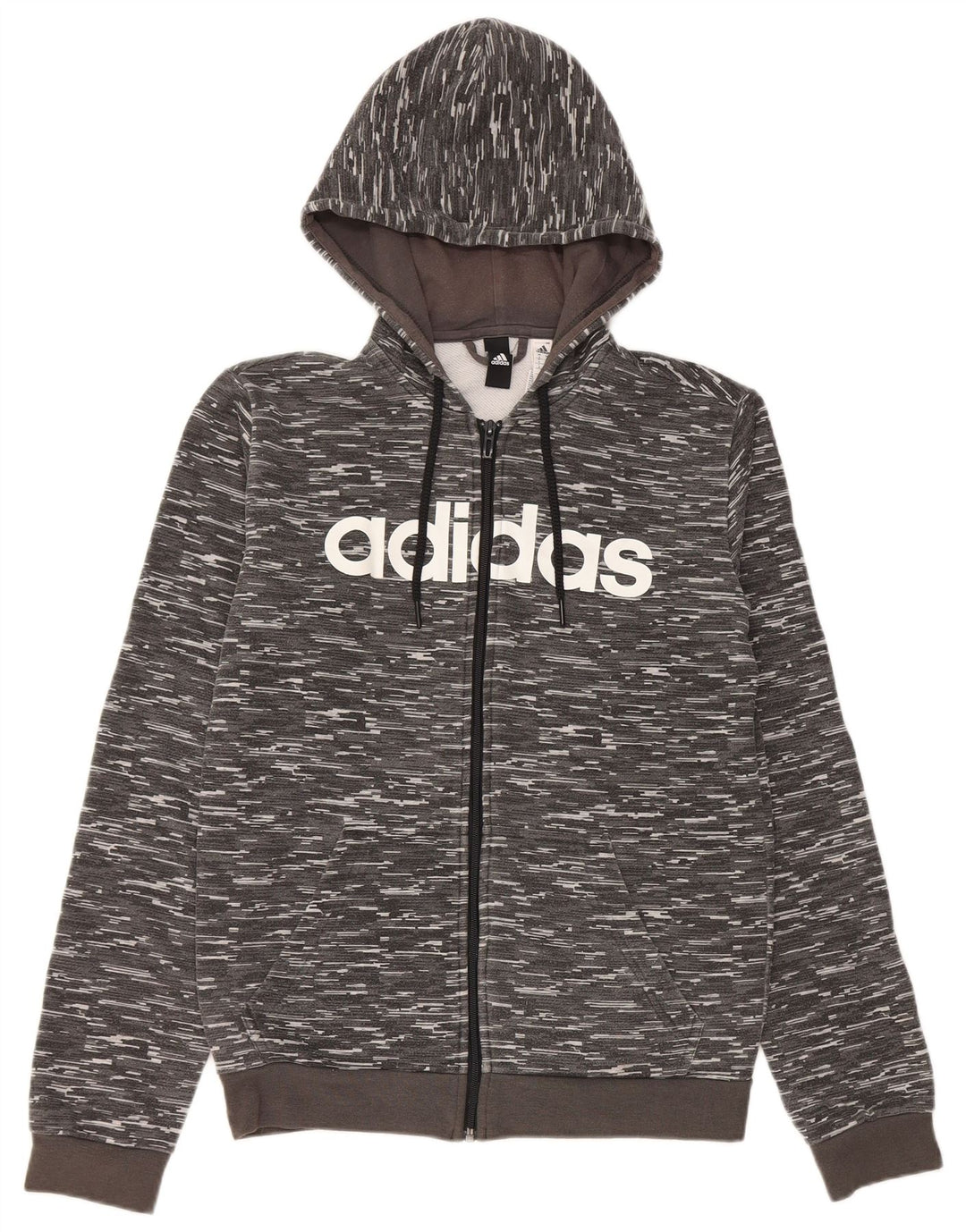 Suéter masculino Adidas com capuz e zíper gráfico pequeno poliéster manchado cinza