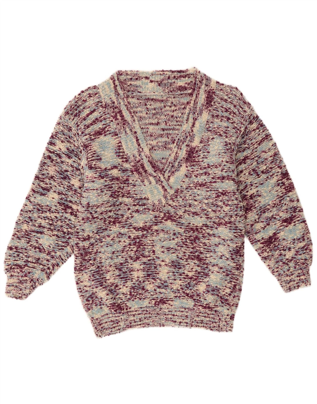 Suéter feminino vintage com decote em V Reino Unido 12 médio multicolorido manchado