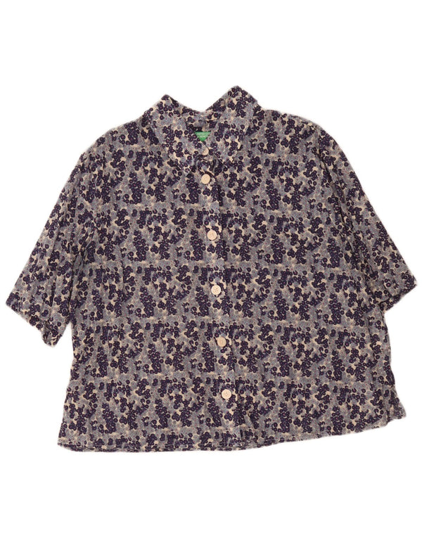 Camisa feminina de manga curta Benetton UK 18 XL azul marinho algodão floral