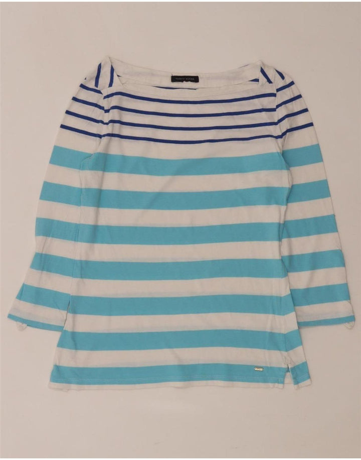 Top feminino TOMMY HILFIGER manga 3/4 UK 12 listrado azul médio