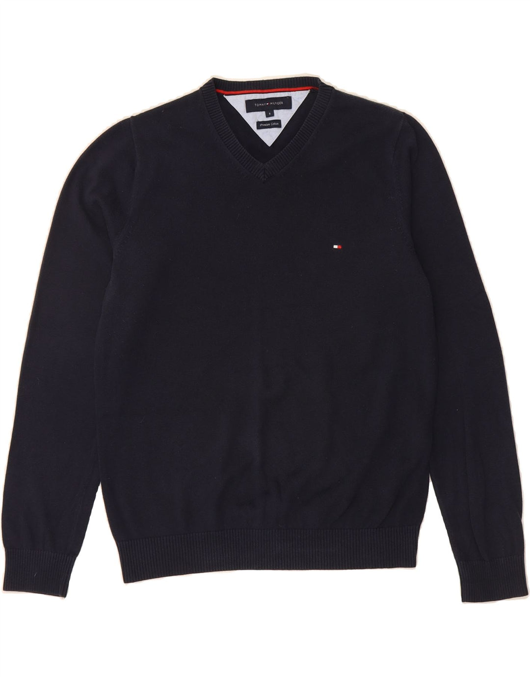 TOMMY HILFIGER Mens V-Neck Jumper Sweater Small Navy Blue Cotton Vintage Tommy Hilfiger and Second-Hand Tommy Hilfiger from Messina Hembry 