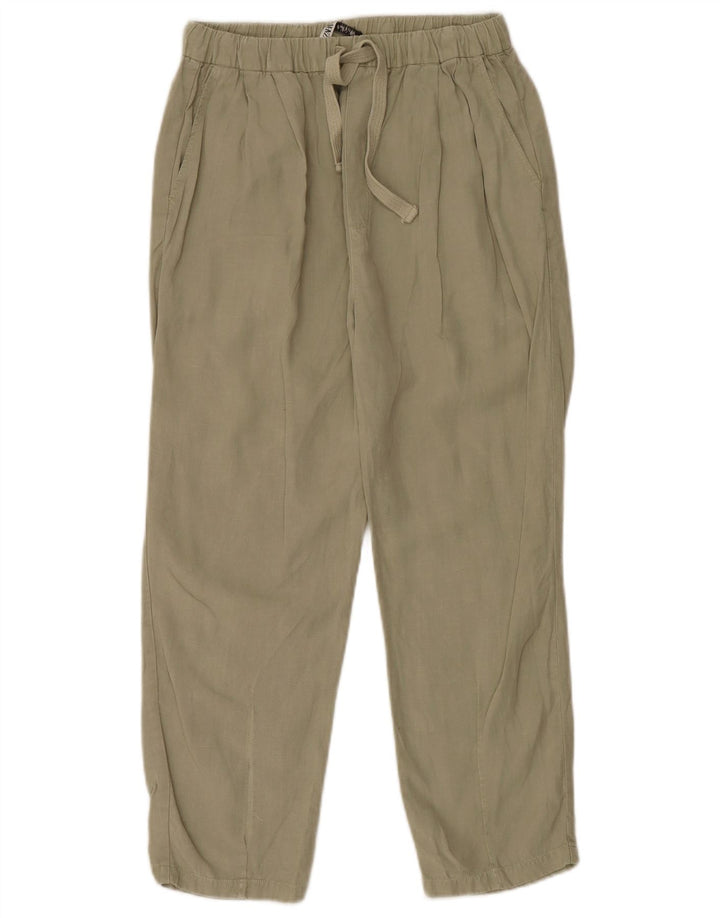 Zara Calça feminina cortada com pegged pequena W26 L23 Khaki Lyocell