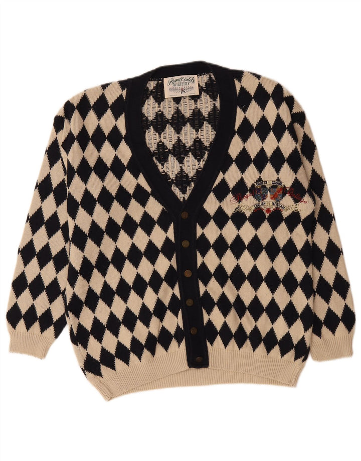 Suéter cardigã gráfico masculino vintage médio bege argyle/algodão diamante