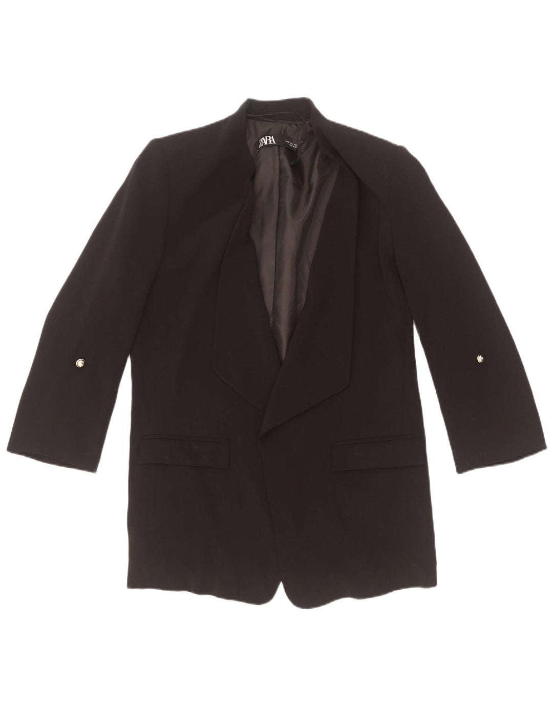 Jaqueta blazer feminina Zara manga 3/4 aberta Reino Unido 10 poliéster preto pequeno