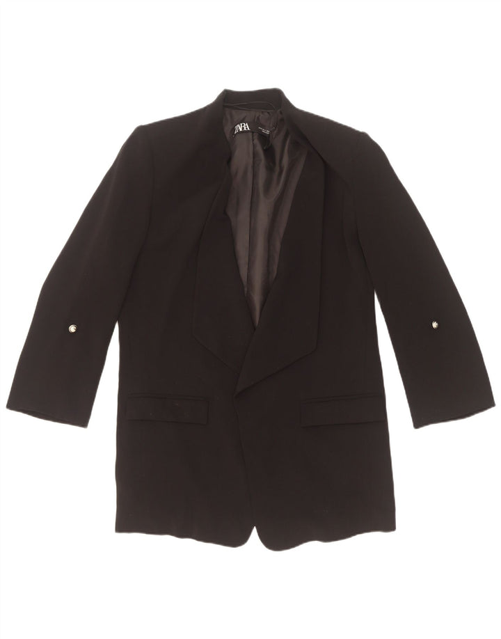 Jaqueta blazer feminina Zara manga 3/4 aberta Reino Unido 10 poliéster preto pequeno