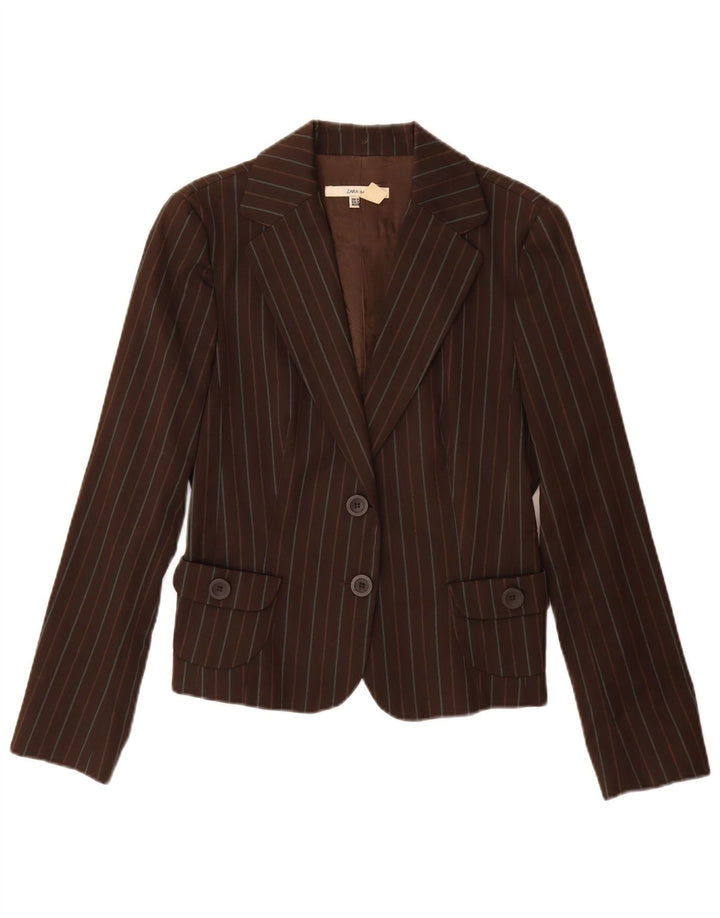 Jaqueta blazer feminina Zara com 2 botões Reino Unido 12 poliéster listrado marrom médio
