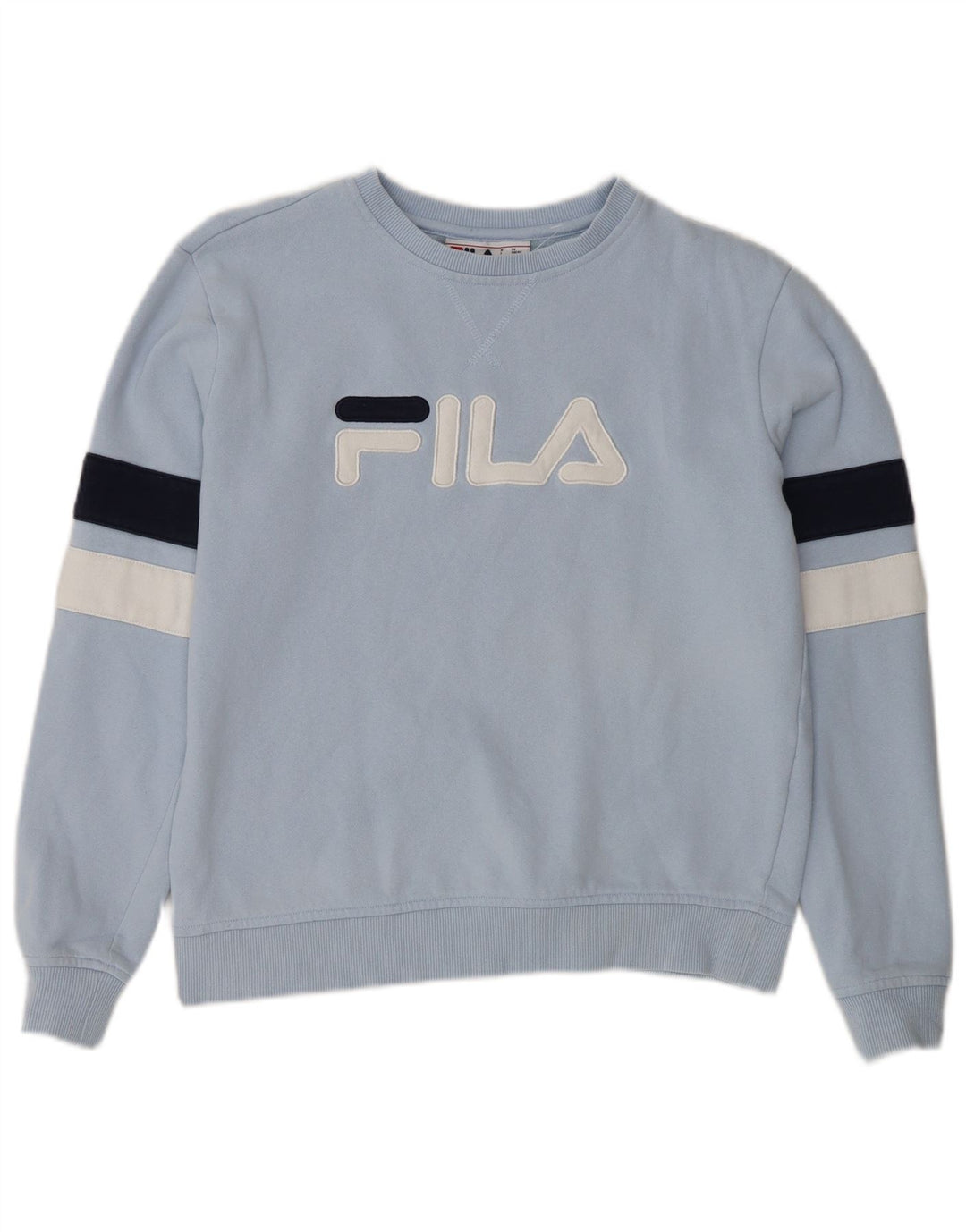 FILA Suéter feminino oversized UK 10 pequeno bloco colorido azul
