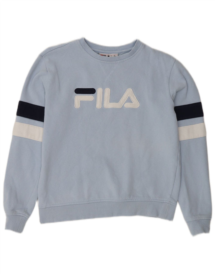 FILA Suéter feminino oversized UK 10 pequeno bloco colorido azul