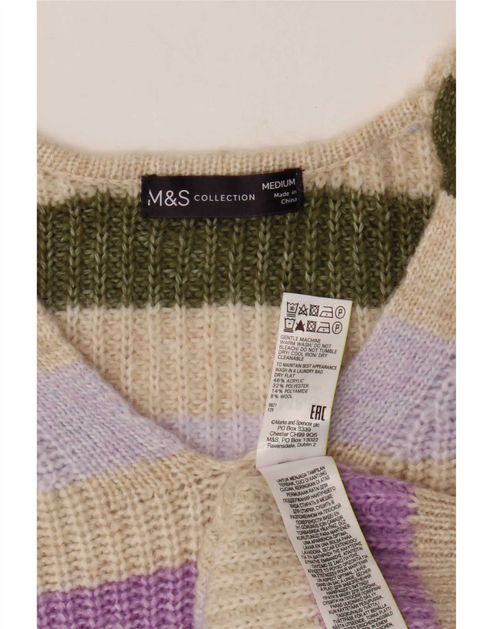 Suéter feminino Marks & Spencer com decote em V UK 14 listrado bege médio
