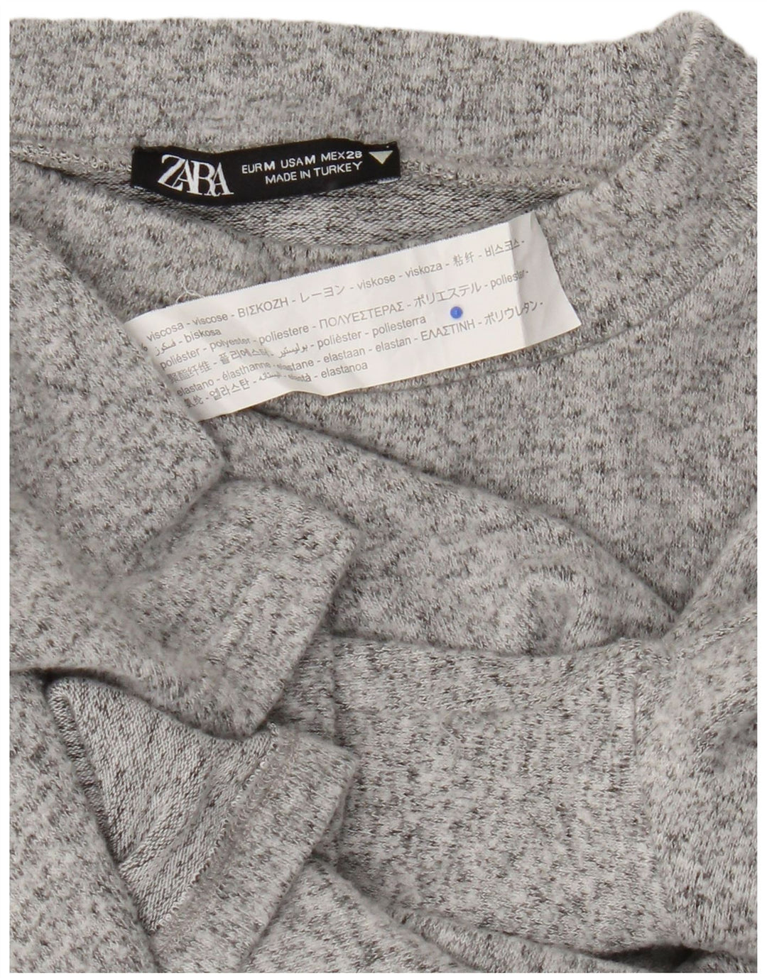 Top feminino Zara manga comprida UK 12 viscose manchada cinza médio