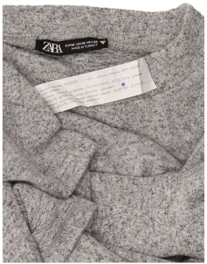 Top feminino Zara manga comprida UK 12 viscose manchada cinza médio