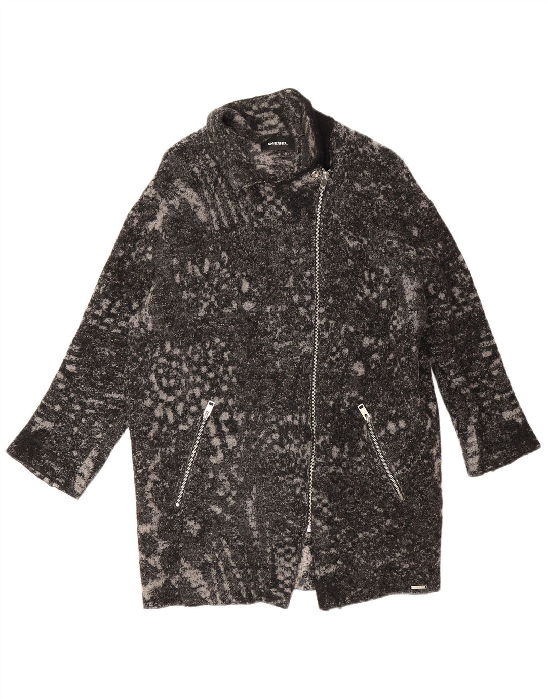 Sobretudo oversized feminino Diesel Reino Unido 16 grande lã preta com estampa animal