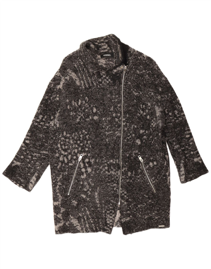 Sobretudo oversized feminino Diesel Reino Unido 16 grande lã preta com estampa animal