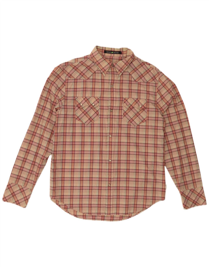 Camisa masculina DKNY de algodão xadrez bege médio
