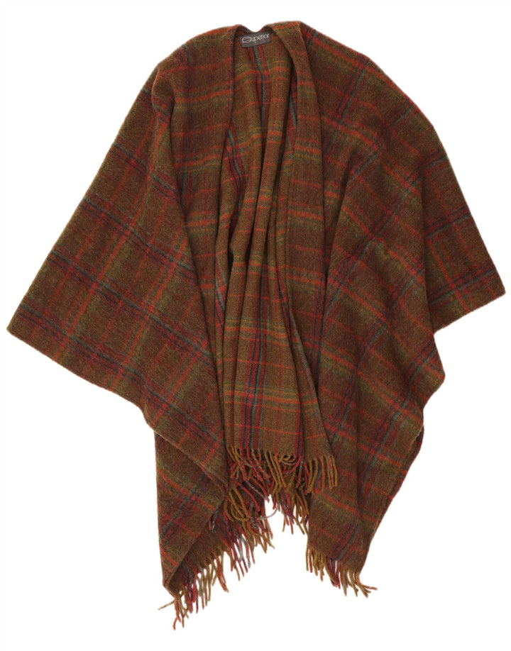 Jumper de poncho aberto feminino superior Reino Unido 16 grande lã xadrez marrom