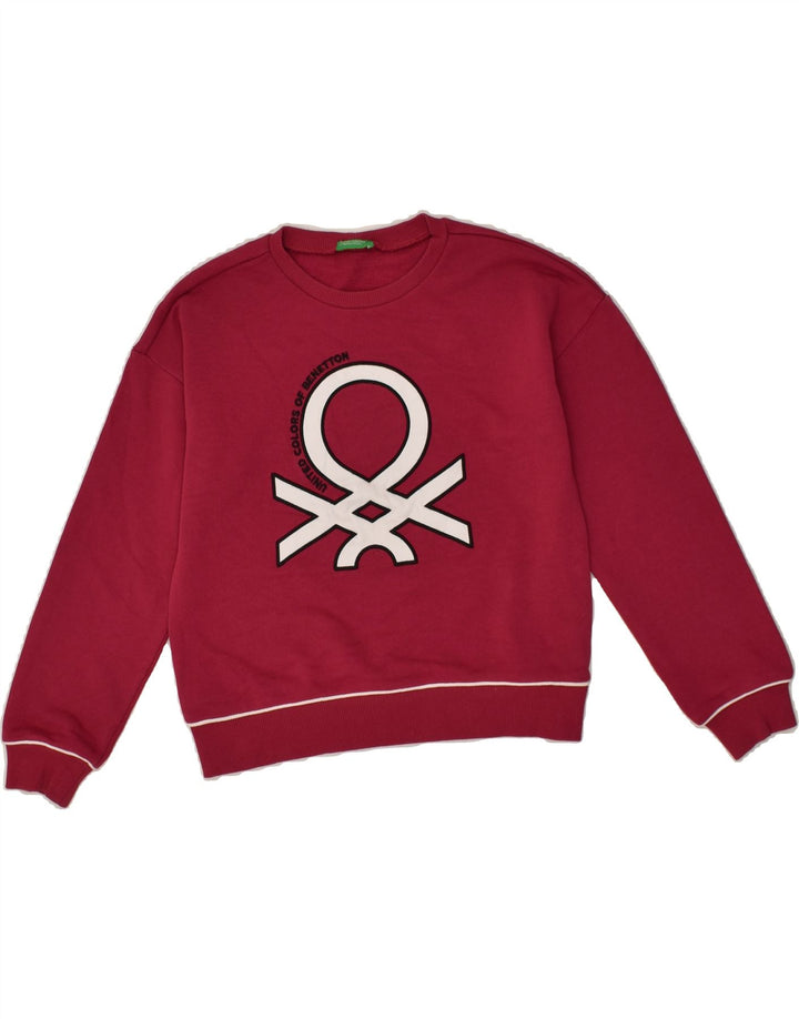BENETTON Girls Graphic Sweatshirt Jumper 8-9 Years Large Burgundy Cotton | Vintage Benetton | Thrift | Second-Hand Benetton | Used Clothing | Messina Hembry 
