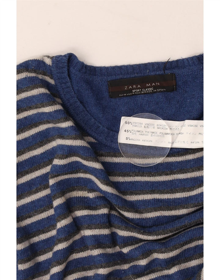 Zara Suéter masculino com gola redonda e viscose listrada azul médio