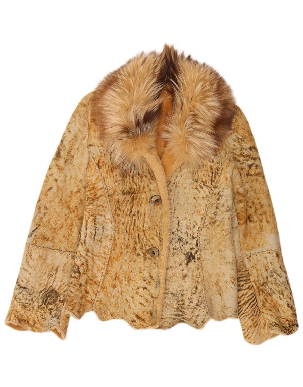 Vintage Womens Shearling Jacket UK 18 XL Beige Animal Print