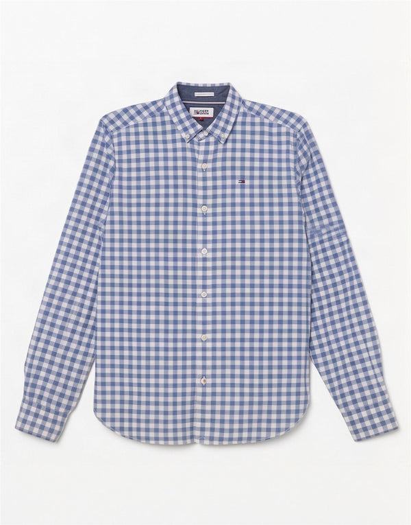 Camisa masculina Tommy Hilfiger pequena azul algodão guingão