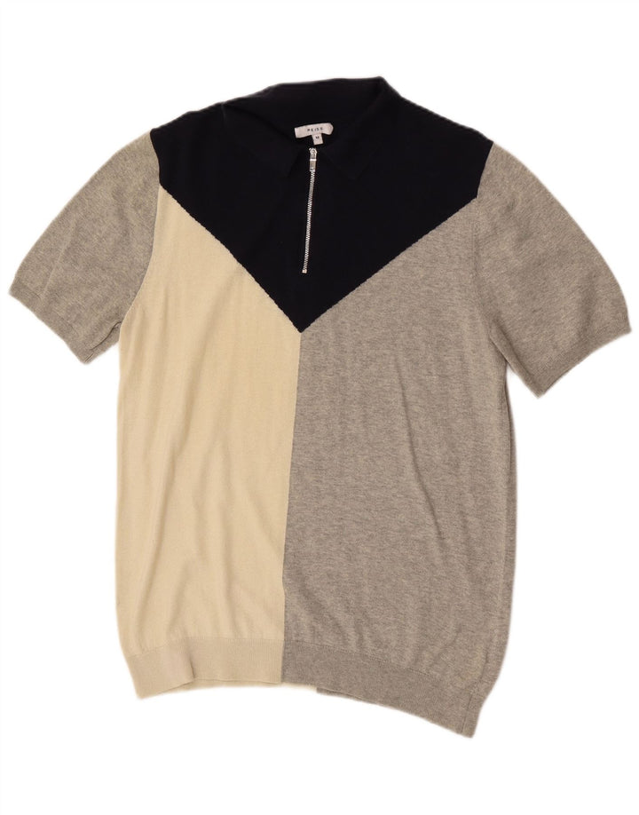 Suéter feminino Reiss com zíper e gola UIK 14 bloco colorido cinza médio