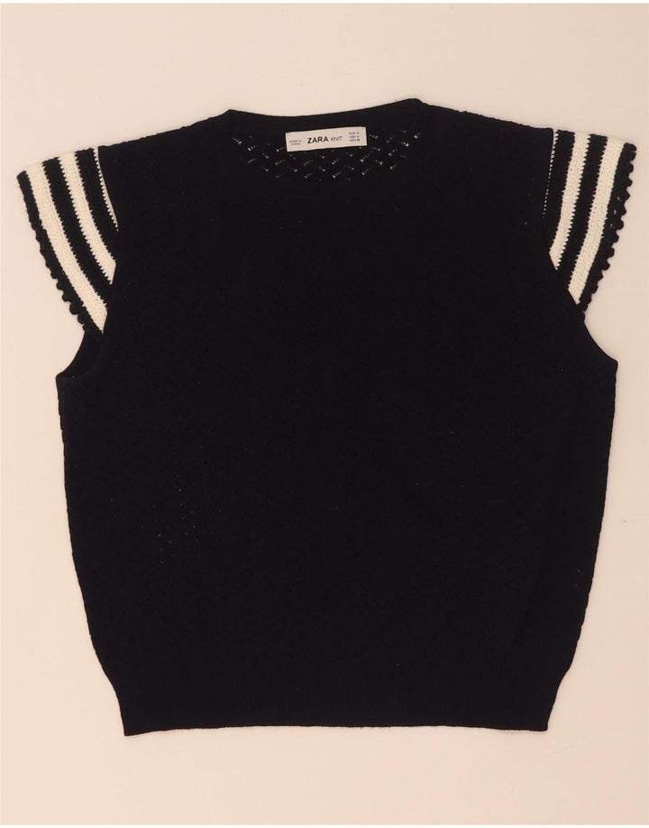 Blusa feminina Zara Crop Knit Top Reino Unido 12 Médio Azul Marinho Listrado
