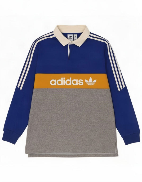 Camisa polo de rugby masculina gráfica de manga comprida da Adidas Grande bloco de cores cinza