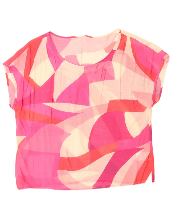 Blusa feminina vintage transparente com estampa gráfica UK 14 bloco colorido rosa médio