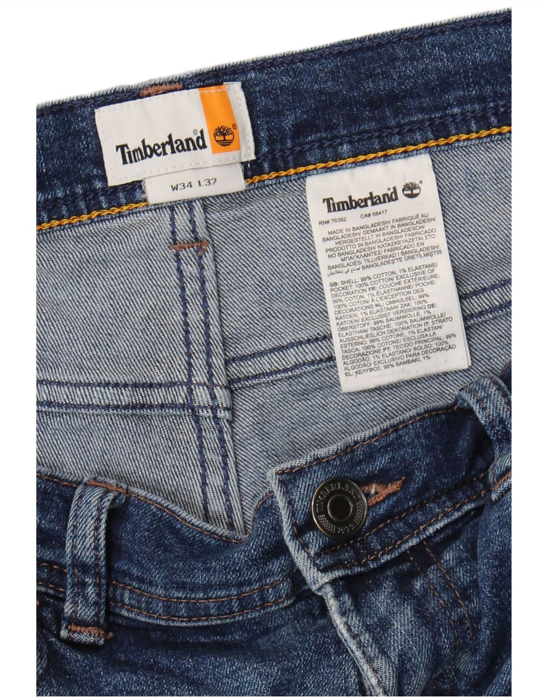 Calça jeans reta masculina Timberland W34 L32 azul algodão