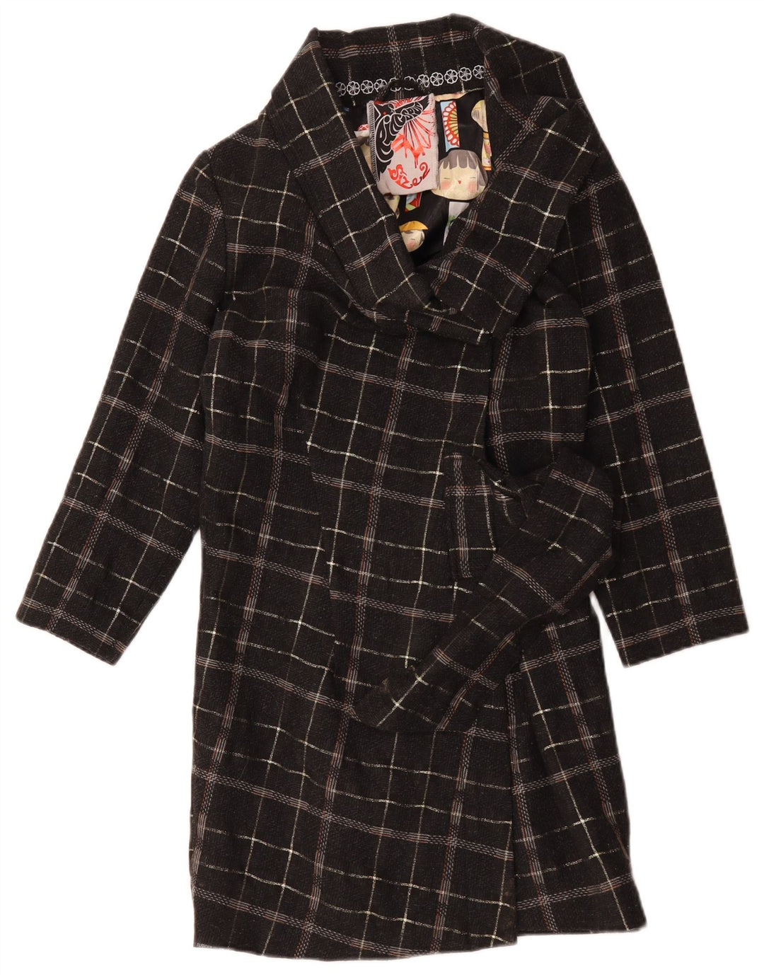 Sobretudo oversized feminino vintage US 2 XS lã xadrez preta