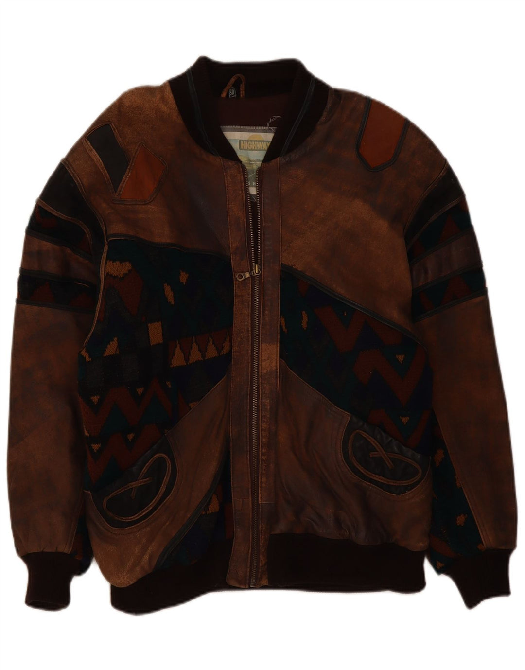Jaqueta de couro masculina vintage IT 50 grande couro geométrico marrom