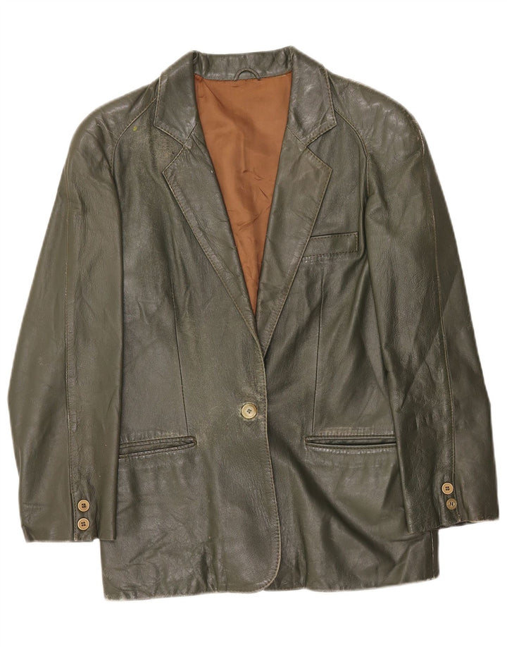 Jaqueta blazer de couro feminina vintage com 1 botão Reino Unido 10 verde pequeno