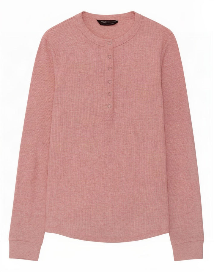 Top feminino Marks & Spencer manga comprida UK 8 poliéster manchado rosa pequeno