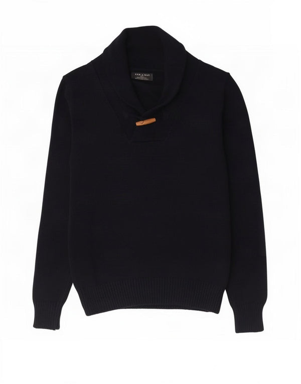 Zara Mens Shawl Neck Jumper Sweater XL Navy Blue Cotton