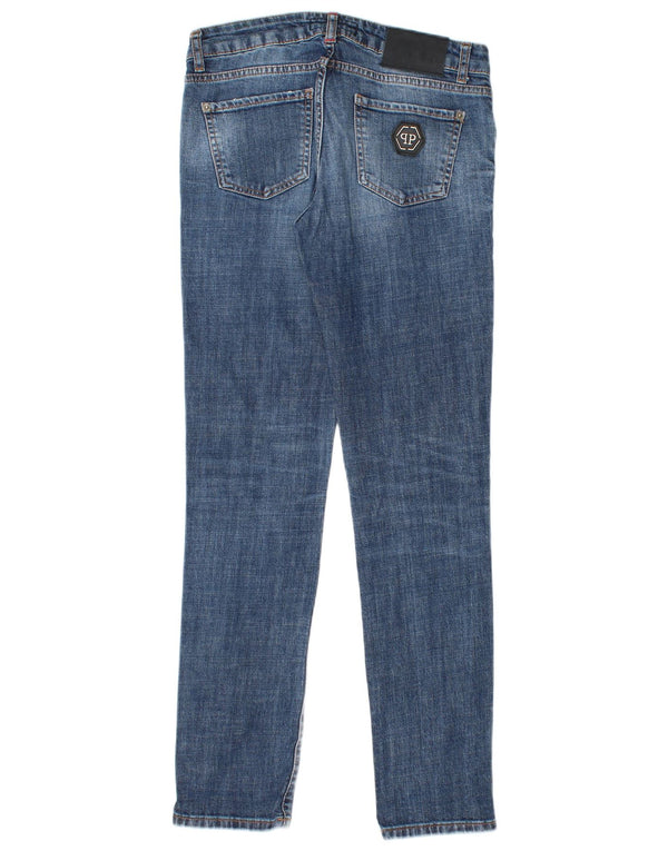 PHILIPP PLEIN Calça jeans reta feminina desgastada W28 L30 algodão azul