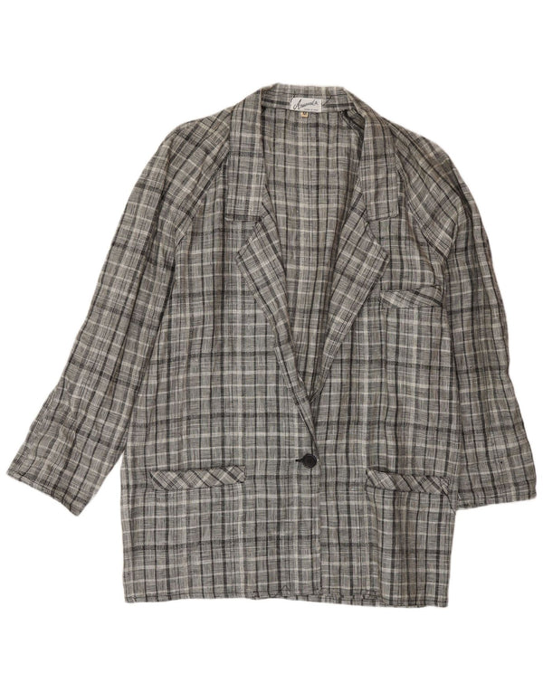 Jaqueta blazer vintage feminina longline com 1 botão Reino Unido 14 xadrez cinza médio