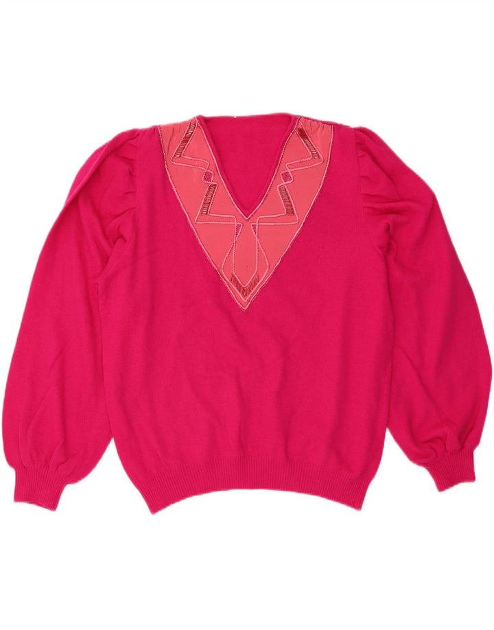 Suéter feminino VINTAGE com decote em V IT 50 XL lã rosa