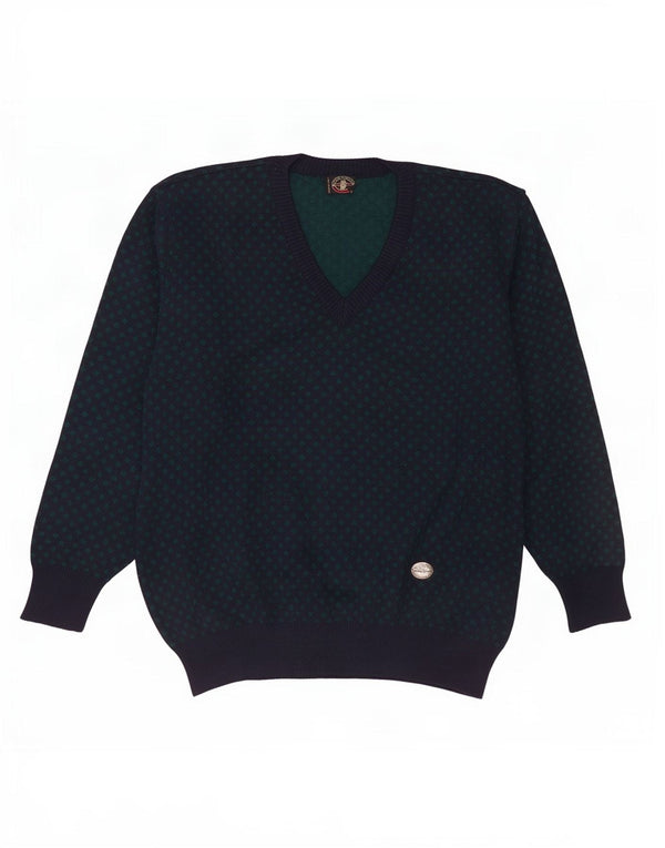 Suéter masculino vintage com decote em V XL azul marinho de lã geométrica