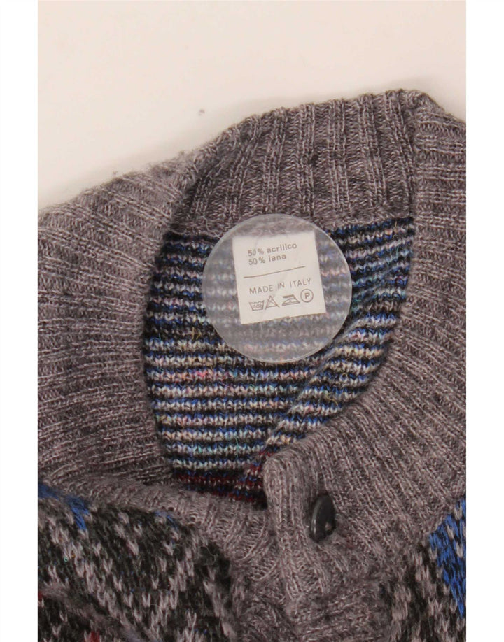 Suéter cardigã masculino vintage cinza médio Argyle/acrílico diamante