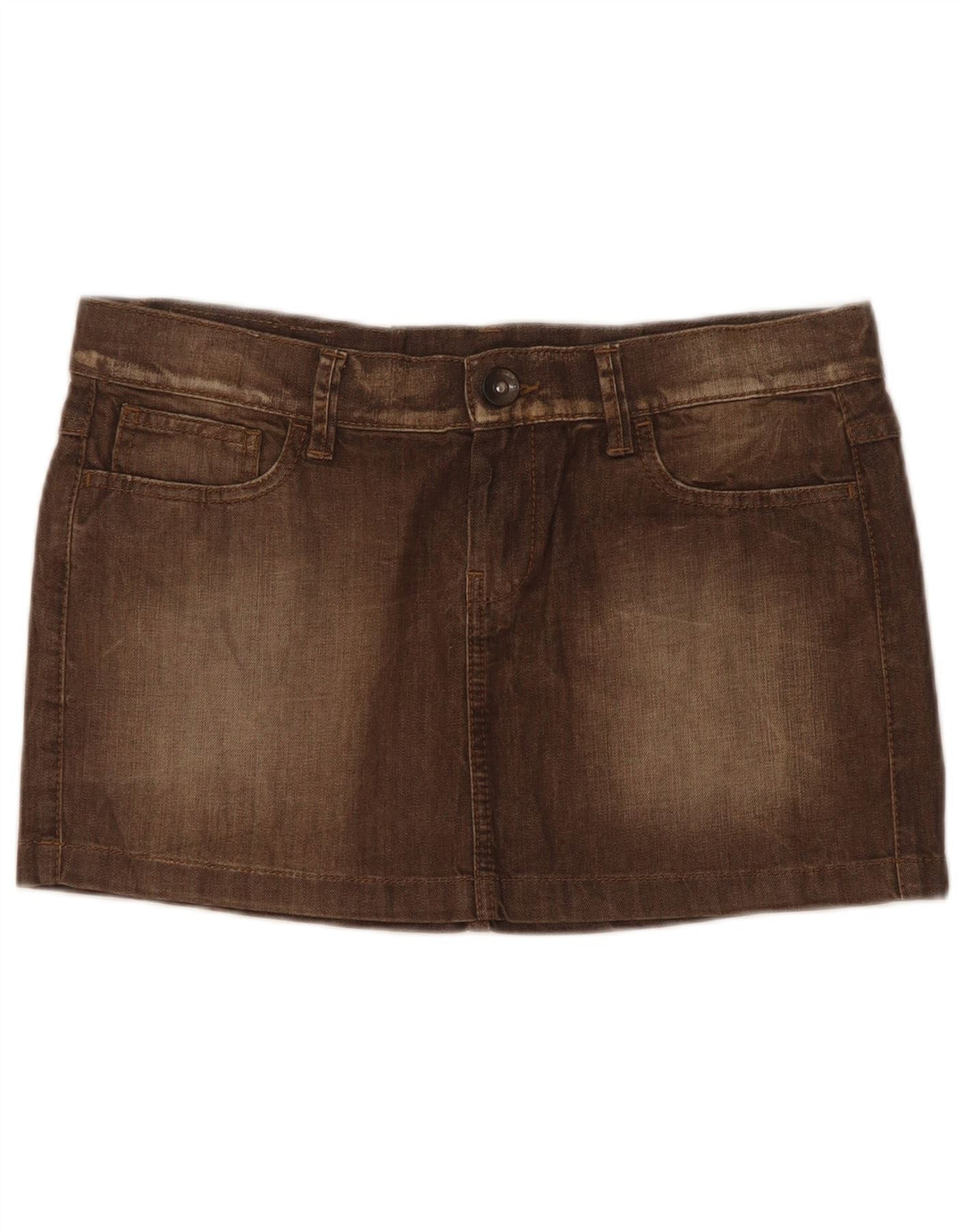 Mini saia jeans feminina de cintura baixa Benetton W31 marrom médio