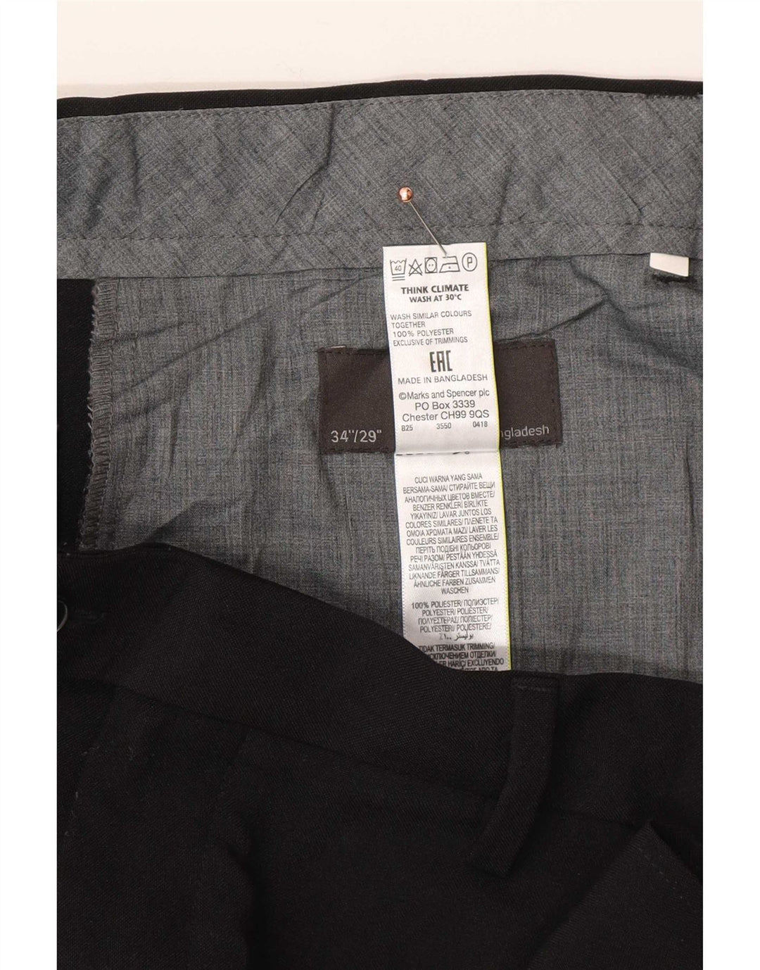 Calça masculina de terno regular Marks & Spencer W34 L29 poliéster preto
