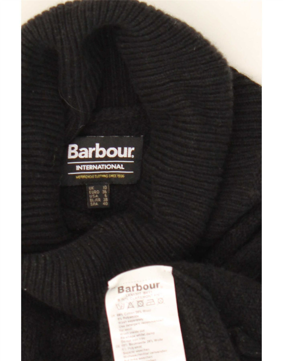 Suéter feminino Barbour com gola alta e gola alta Reino Unido 10 algodão preto pequeno