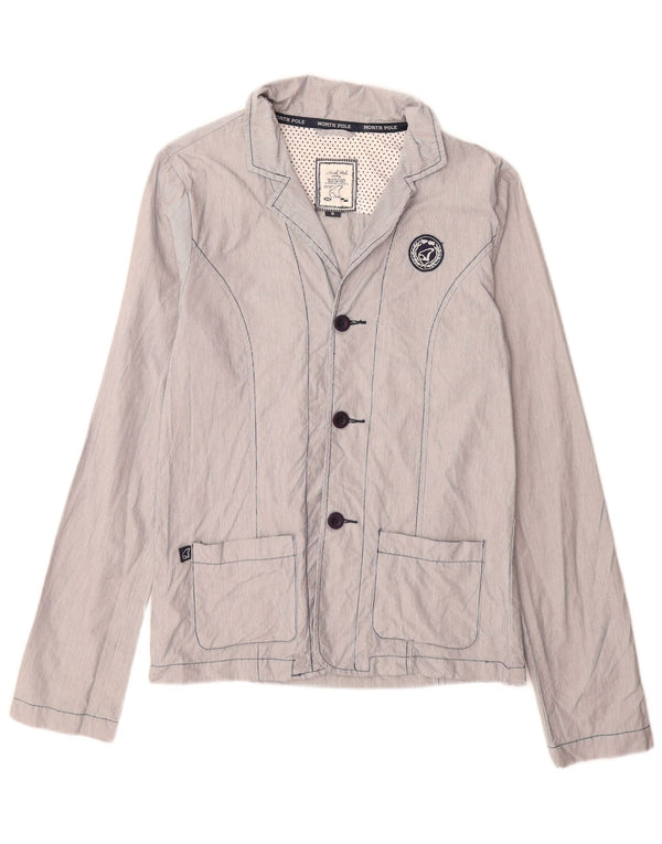 Jaqueta blazer feminina de 3 botões do Pólo Norte Reino Unido 16 grande algodão listrado azul