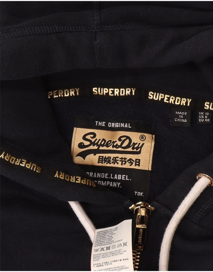 Suéter feminino Superdry com capuz e zíper gráfico UK 12 algodão azul marinho médio