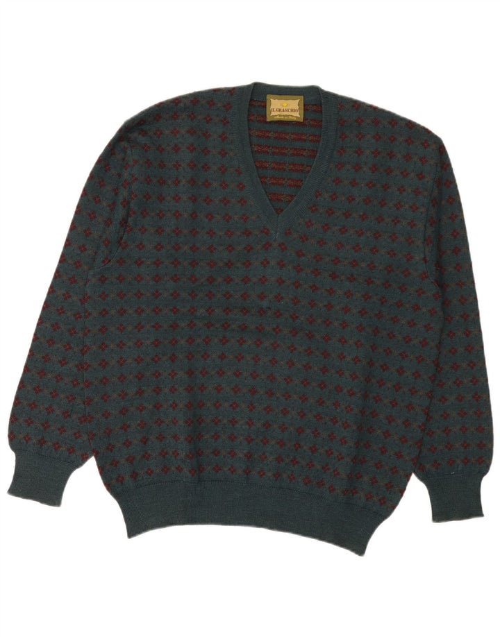 Suéter masculino Il Granchio com decote em V, verde médio, lã Fair Isle