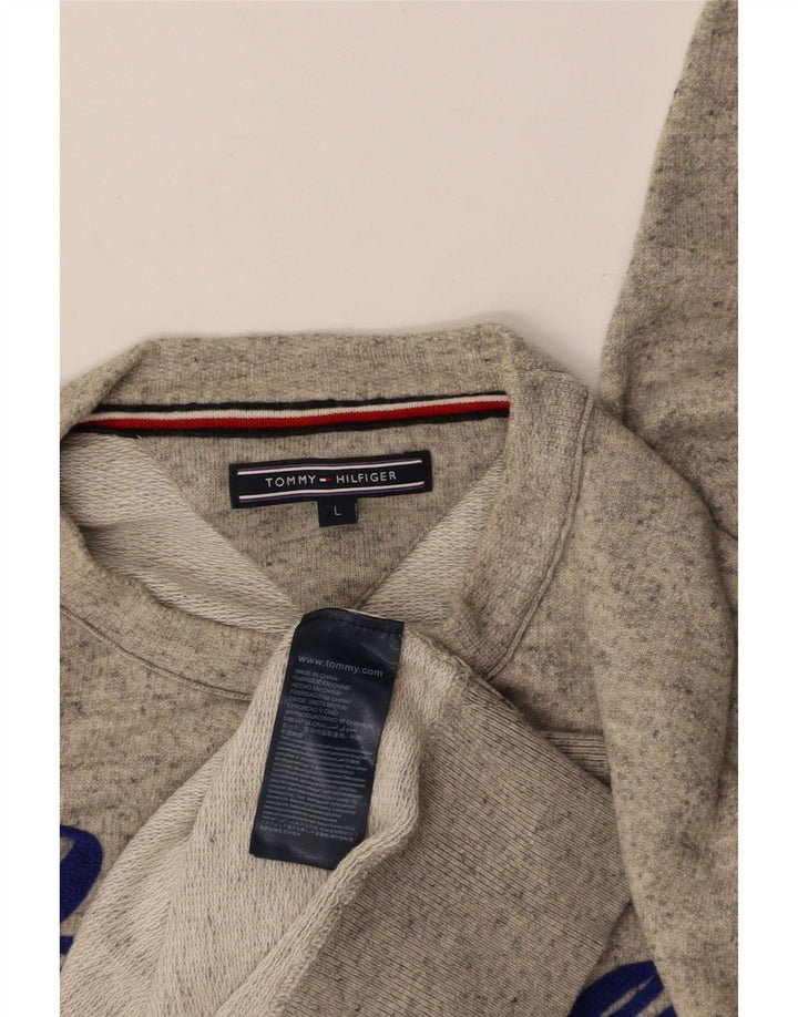 TOMMY HILFIGER Suéter gráfico masculino grande algodão manchado cinza