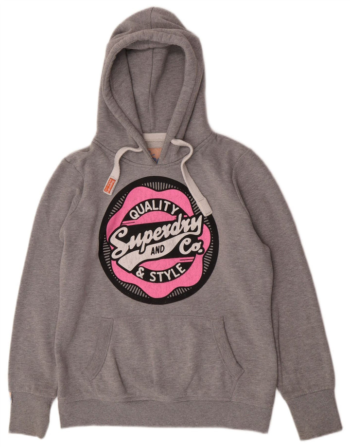 Superdry feminino gráfico moletom com capuz UK 16 grande poliéster cinza