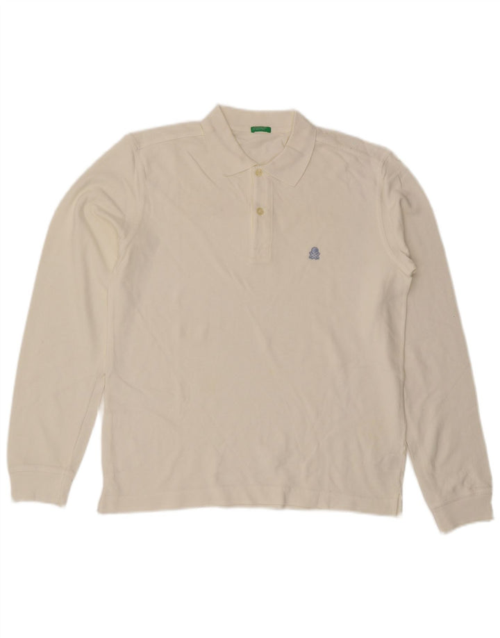 Camisa polo masculina de manga comprida Benetton médio algodão branco